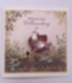 mini greeting card featuring a pink magnolia brooch against a Colonial Williamsburg watercolor garden scene