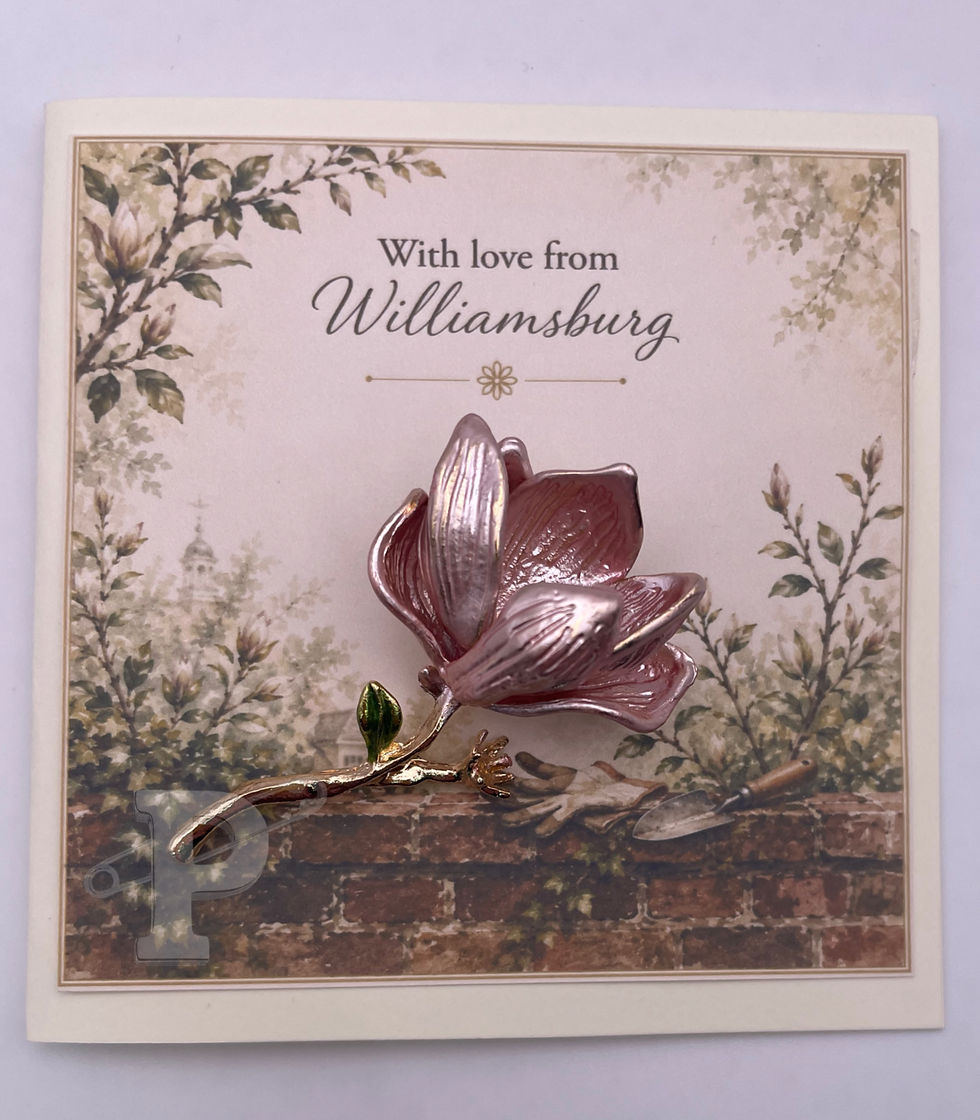 mini greeting card featuring a pink magnolia brooch against a Colonial Williamsburg watercolor garden scene