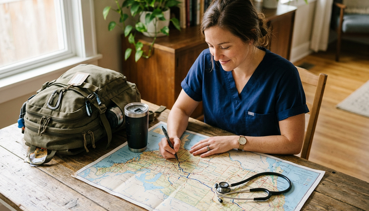 High-angle view of a travel nurse looking at a map beside packed nursing gear