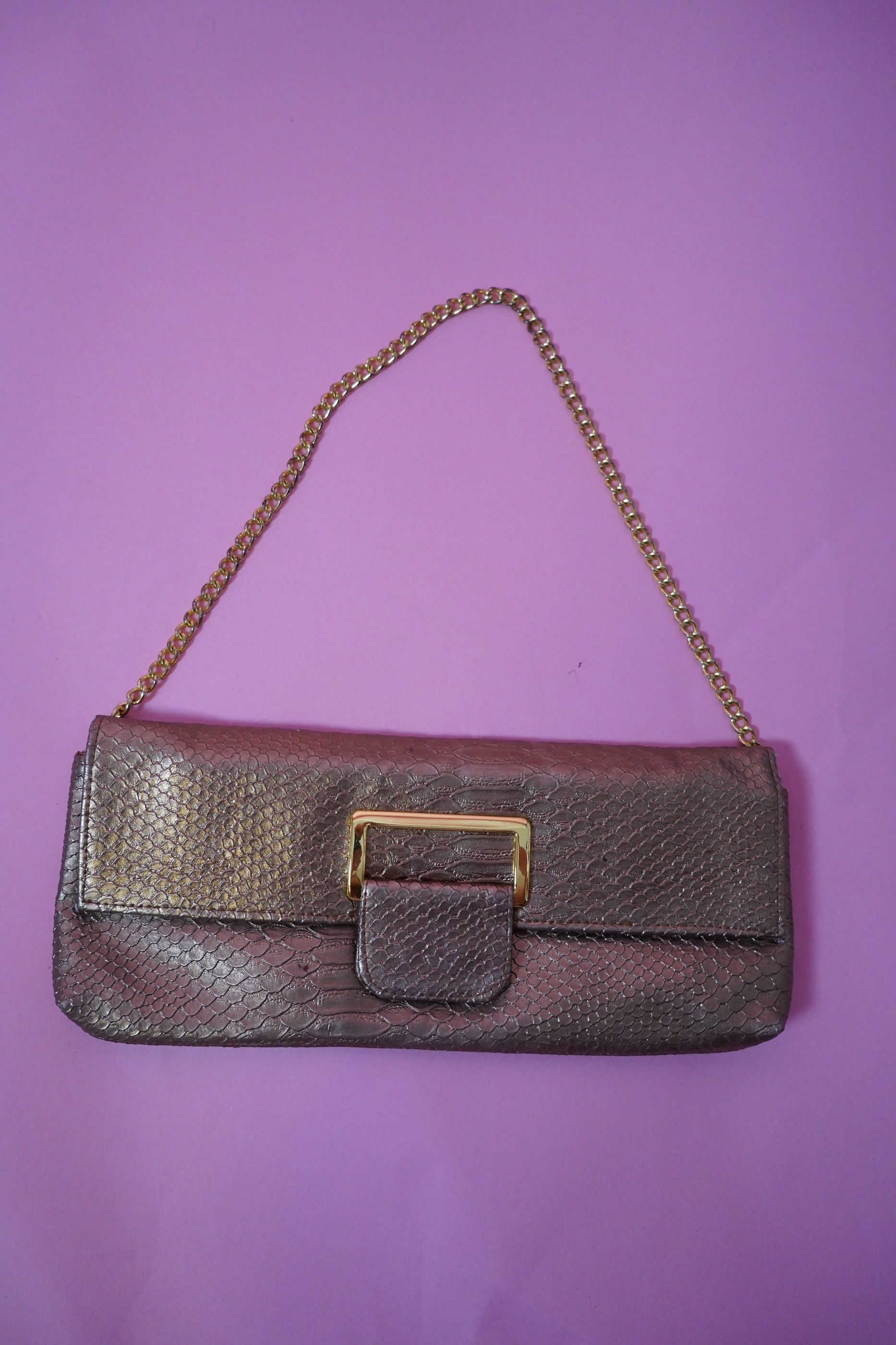 Metallic Bronze Snake Print Clutch