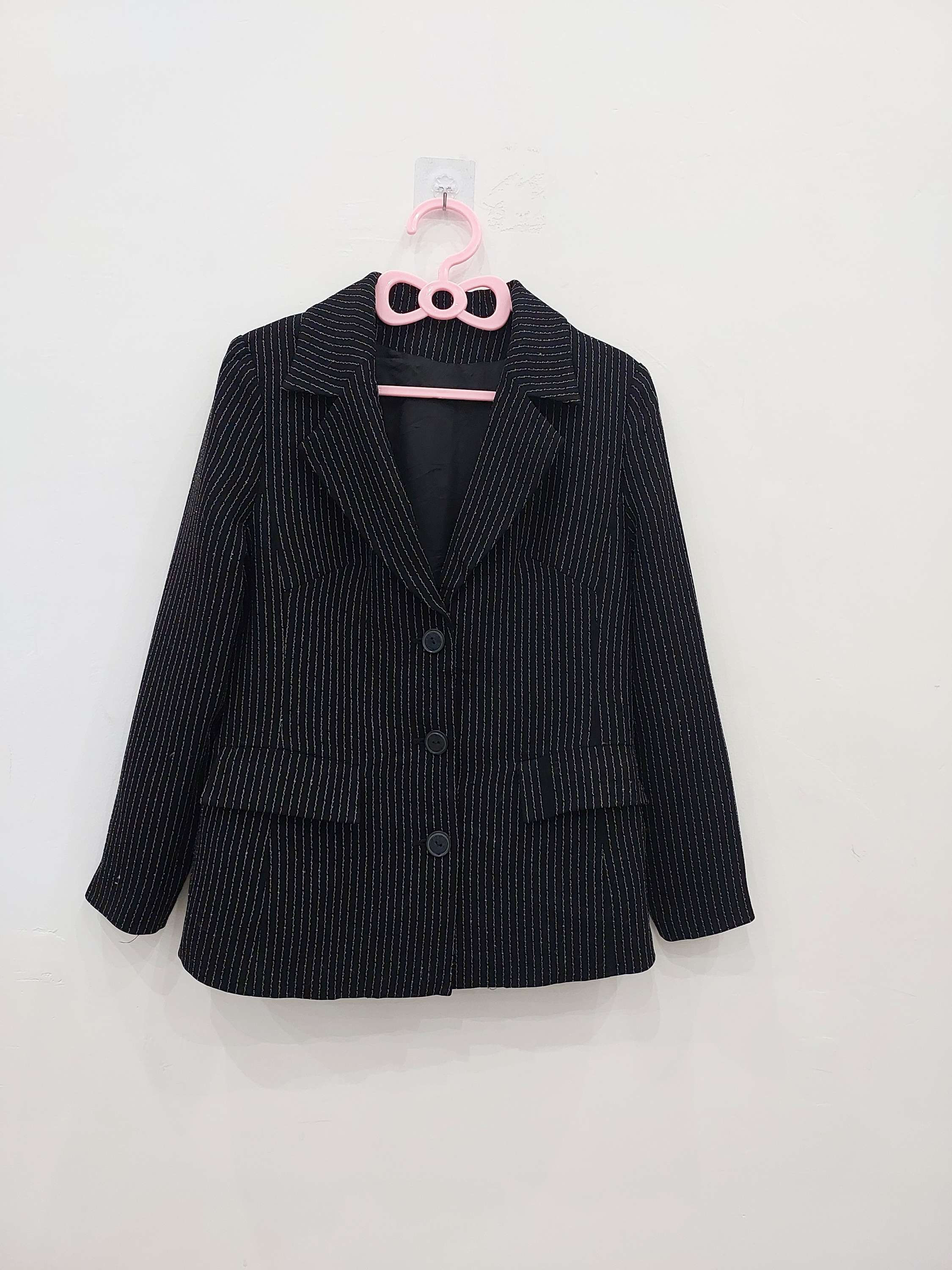 Formal Black Blazer with white Stripes for Women front view