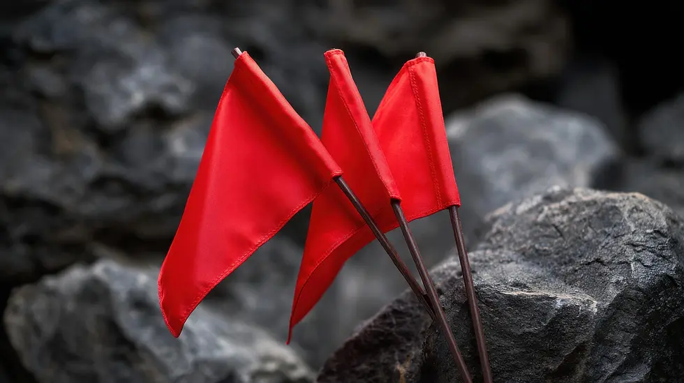 Three bright red flags planted among dark rocks, with a blurred rocky background.