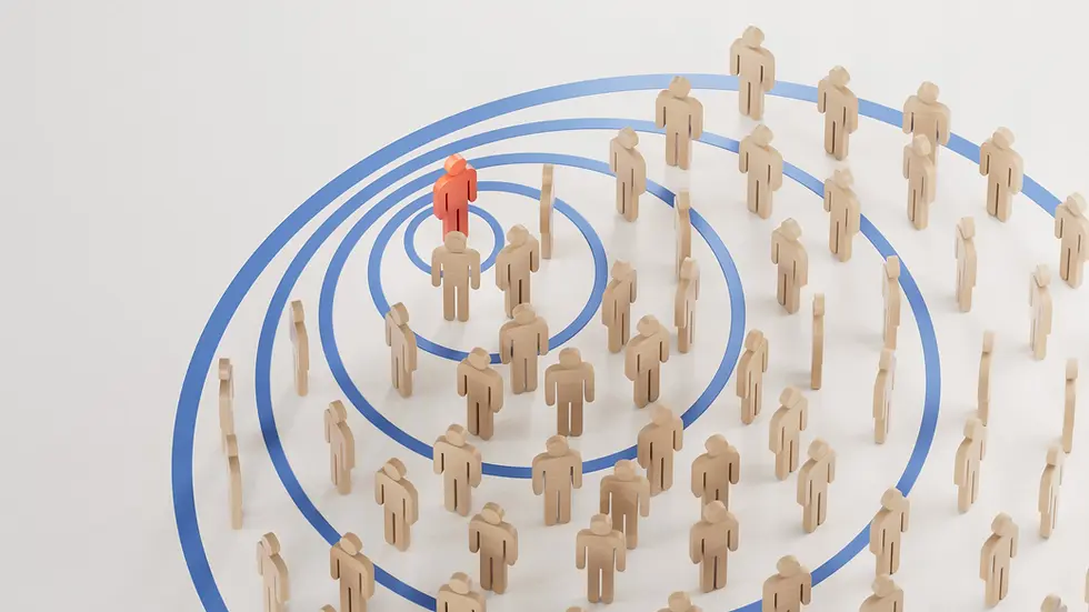 Wooden figurines on blue concentric rings, with one red figure at the center among a crowd on a white background
