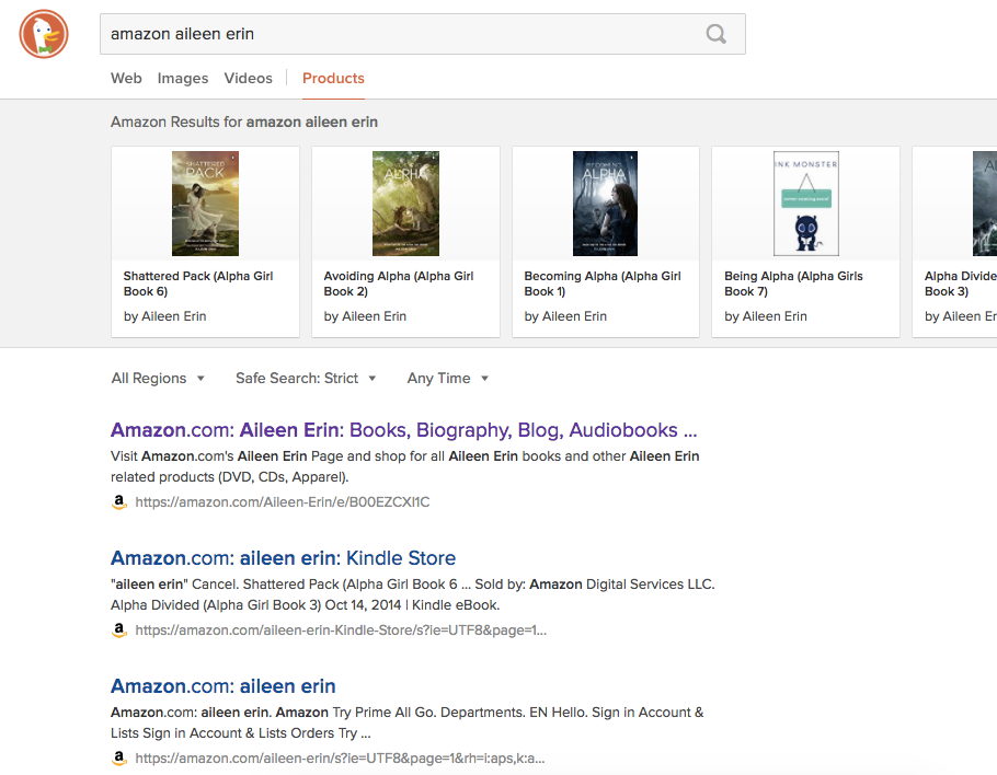 Searching for Aileen Erin with DuckDuckGo