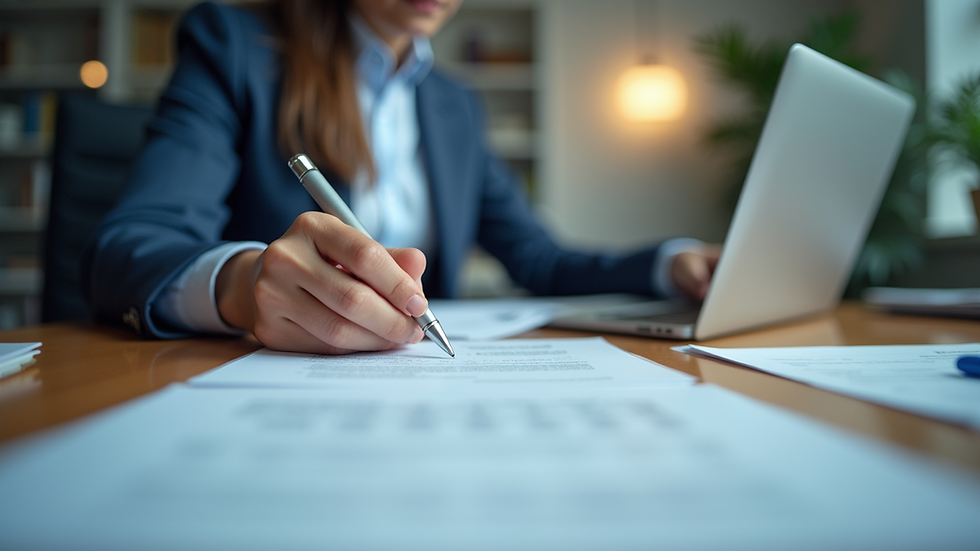 Eye-level view of a compliance officer reviewing documents in an office
