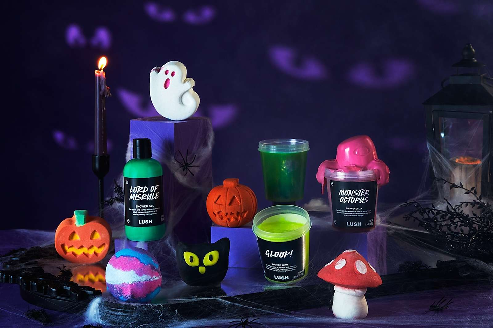 Lush Halloween products including liquid soap and bath bombs