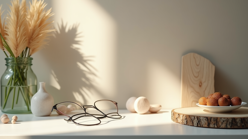 Close-up view of a minimalist workspace with natural elements and soft lighting