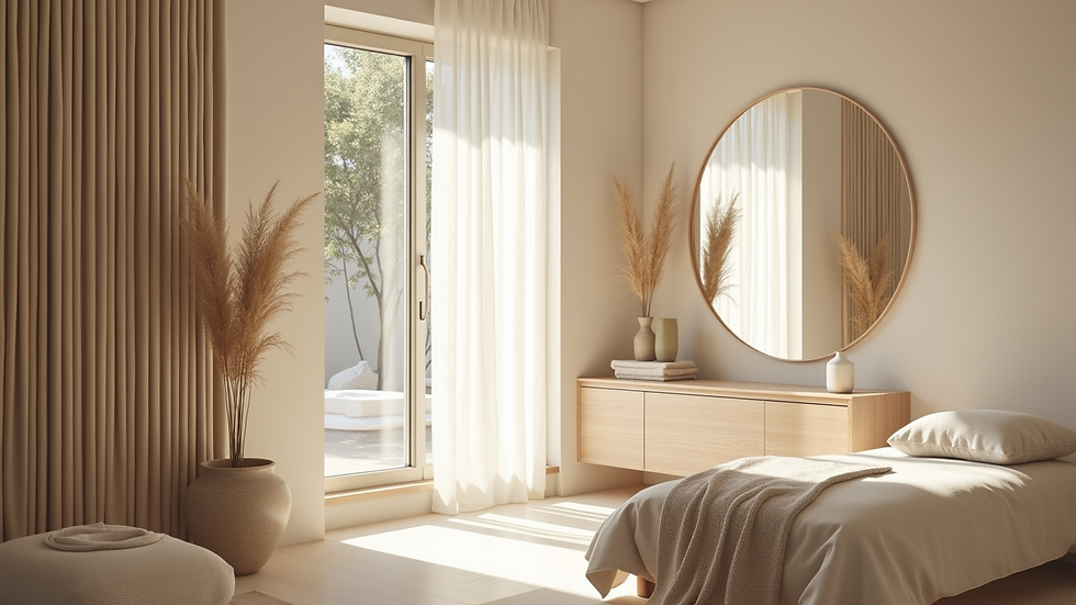 Eye-level view of a serene wellness retreat with natural light and minimalist decor