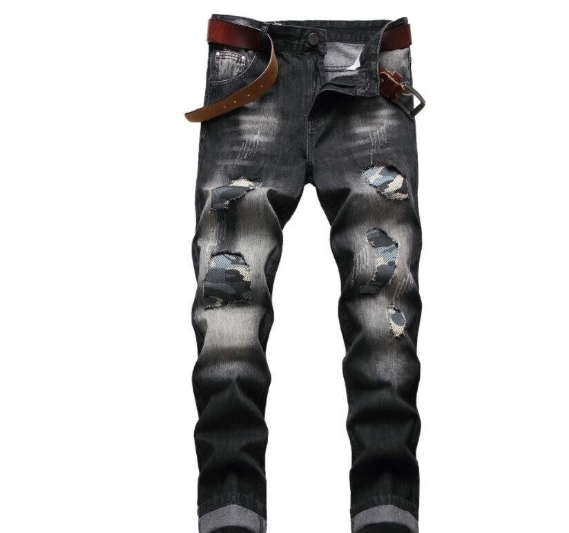Thumbnail: Men's Ripped Jeans Slim Fit Straight Leg Denim Pants