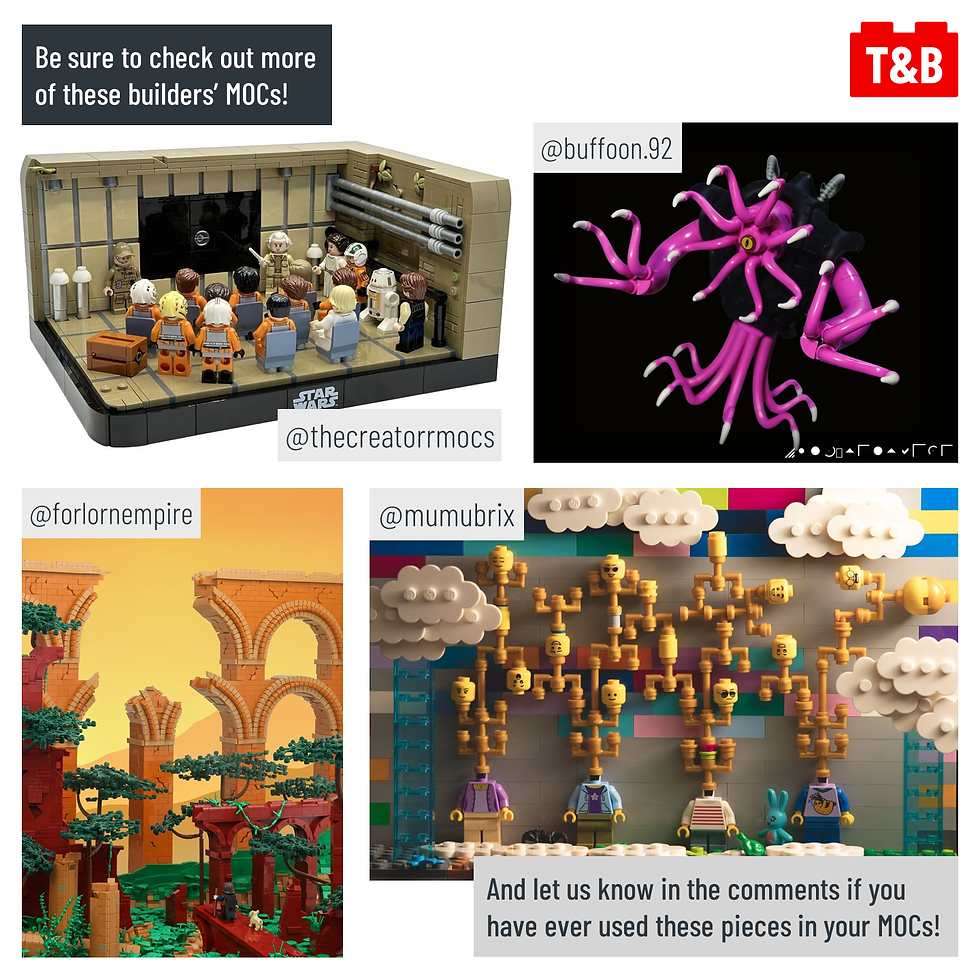 Be sure to check out more of these builders’ MOCs! And let us know in the comments if you have ever used these pieces in your MOCs! @thecreatorrmocs MOC of the Yavin IV briefing room from Star Wars: A New Hope. @buffoon.92 ‘s MOC of a pink tentacle monster. @forlornempire MOC of an aqueduct. @mumubrix MOC of 4 minifigs whose heads are branching out of the candelabra piece going in a number of different directions.
