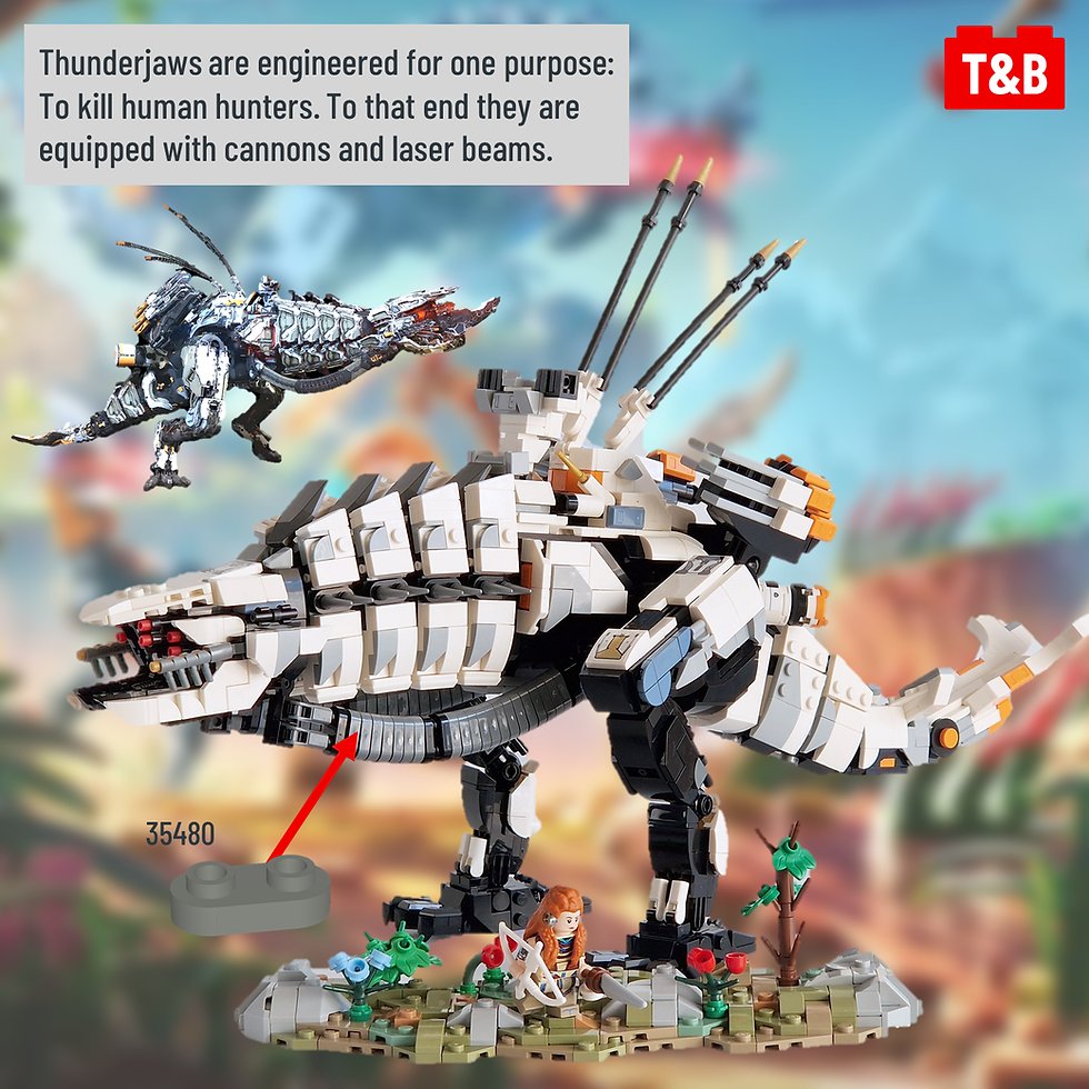 Slide 5: Thunderjaws (Robot T-Rex) are engineered for one purpose: To kill human hunters. To that end they are equipped with cannons and laser beams.