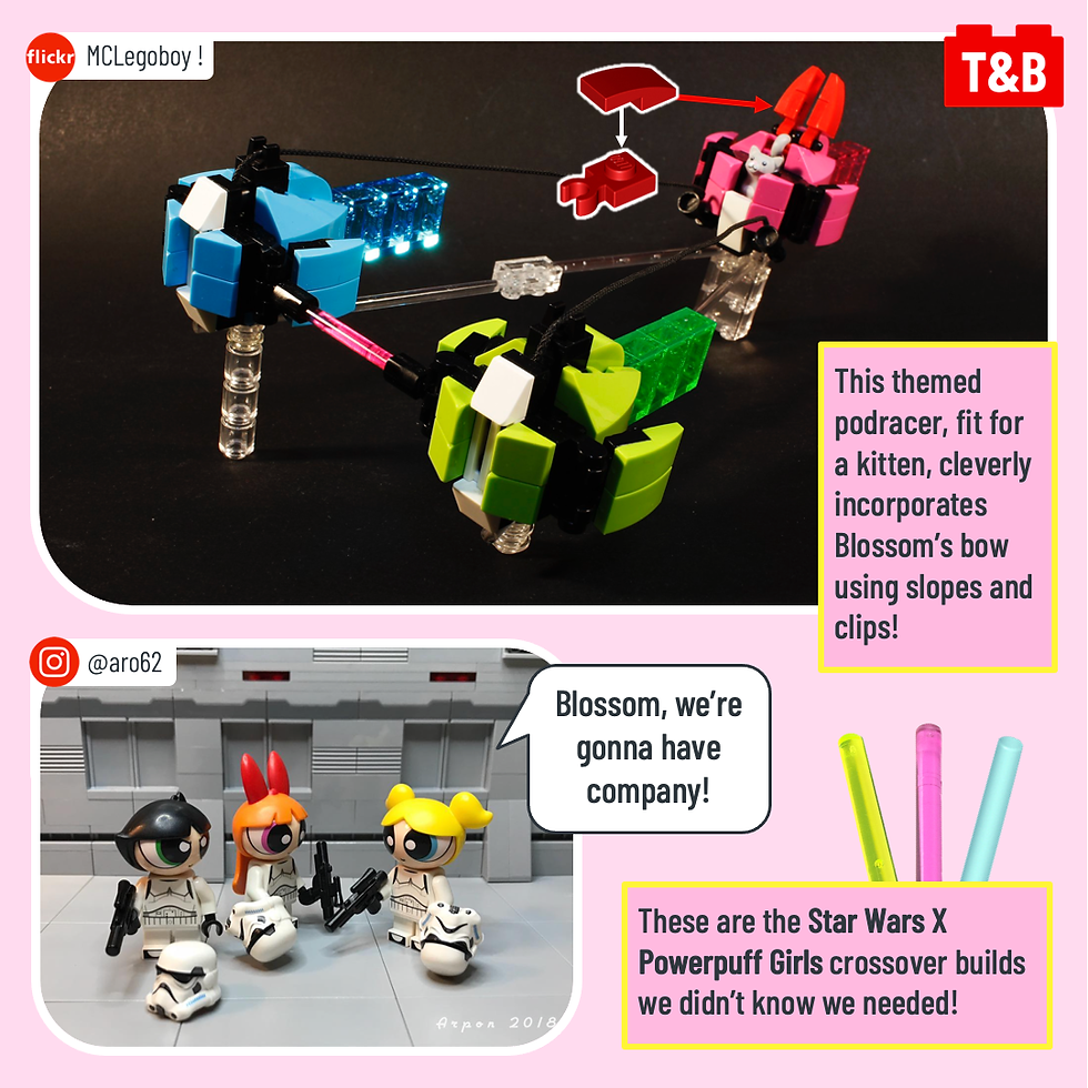 This slide is all about Star Wars! This themed podracer MOC by MCLegoboy ! on Flickr is fit for a kitten, cleverly incorporating Blossom’s bow using slopes and clips! @aro62 creates a charming scene with the Powerpuff Girl heads on Stormtrooper bodies. “Blossom, we’re gonna have company!” says Bubbles. These are the Star Wars X Powerpuff Girls crossover builds we didn’t know we needed!