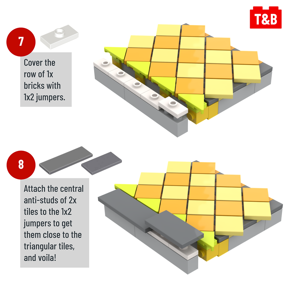 7: Cover the row of 1x bricks with 1x2 jumpers. 8: Attach the central anti-studs of 2x tiles to the 1x2 jumpers to get them close to the triangular tiles, and voila!