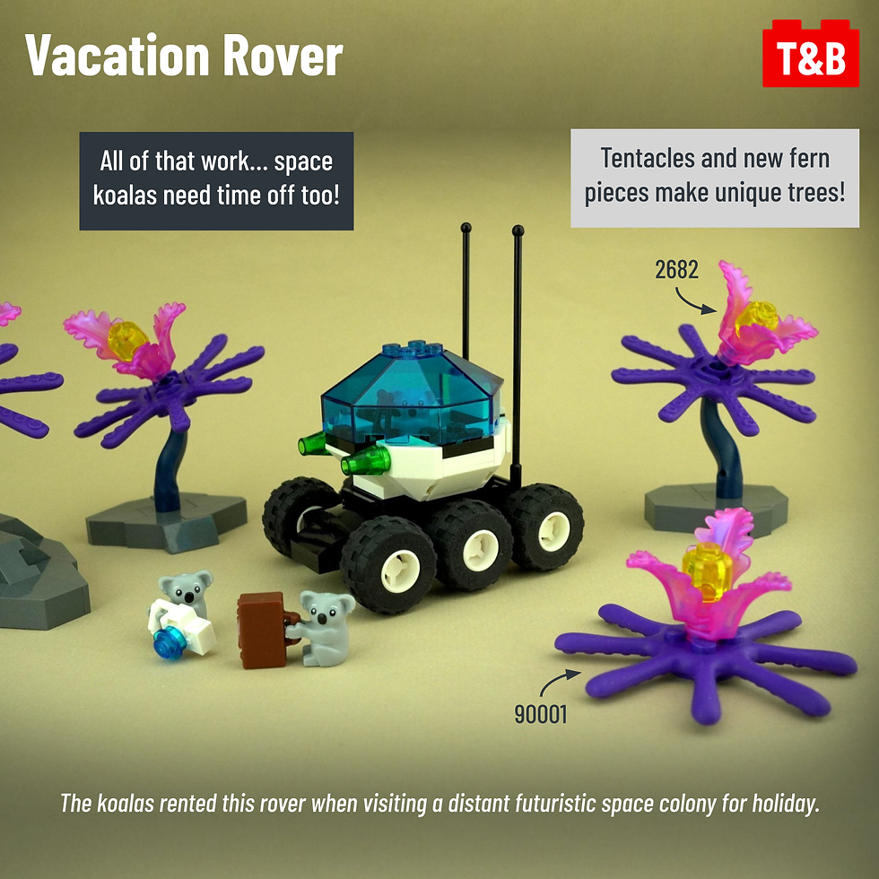 Vacation Rover All of that work… space koalas need time off too! This rover has a geometric dome piece to house the koalas. They are surrounded by purple and pink trees built with tentacles and the new fern piece. The koalas rented this rover when visiting a distant futuristic space colony for holiday.