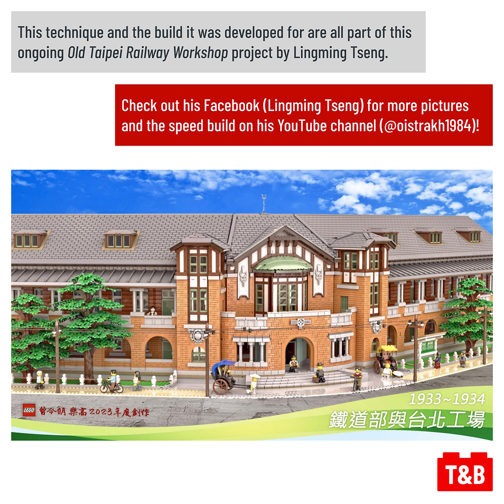 This technique and the build it was developed for are all part of this ongoing Old Taipei Railway Workshop project by Lingming Tseng. Check out his Facebook (Lingming Tseng) for more pictures and the speed build on his YouTube channel (@oistrakh1984)!