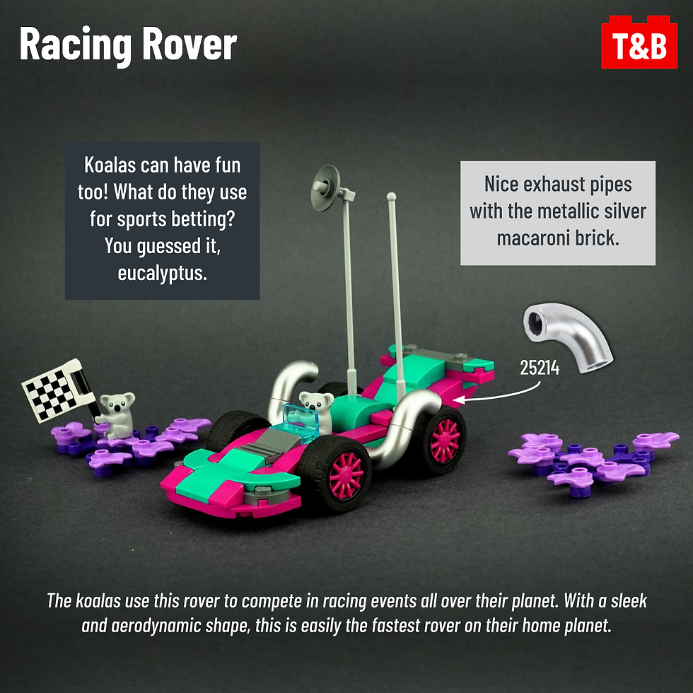 Racing Rover Koalas can have fun too! What do they use for sports betting? You guessed it, eucalyptus. This sleek rover looks more like a regular race car, but with antennas sticking out. Nice exhaust pipes are formed with the metallic silver macaroni brick. The koalas use this rover to compete in racing events all over their planet. With a sleek and aerodynamic shape, this is easily the fastest rover on their home planet.