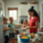 realistic photo of a single young mother of 3 children at a messy home cleaning and cookin
