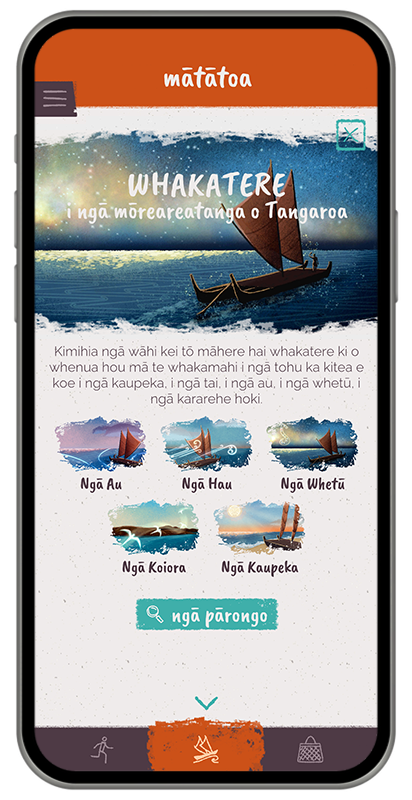 Mobile screen displaying a colorful ARA Journeys app interface with images of canoes and text in Māori about voyages. Background features a starry night sky.
