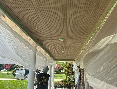 Exterior painting Morrisville NC porch wood ceiling before staining, surface prep for long-lasting protection in Breckenridge 27560.