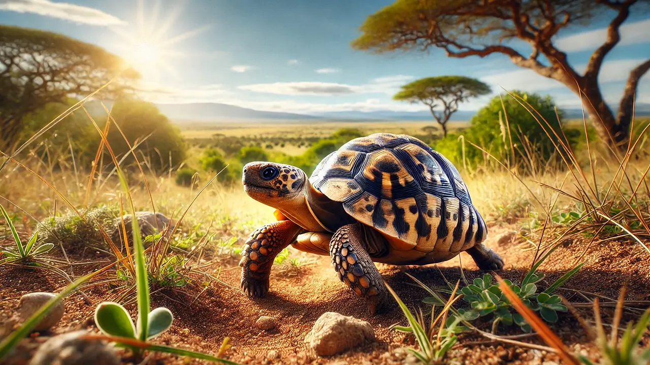 DALL·E 2024-08-06 18.28.37 - A leopard tortoise (Stigmochelys pardalis) walking in its nat