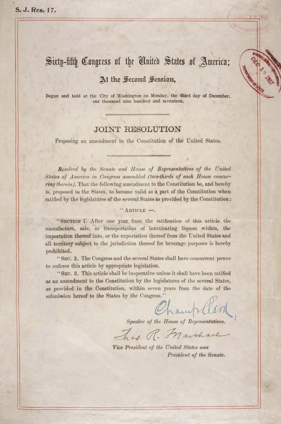 18th Amendment (Proposed on December 18, 1917 - Ratified on January 16, 1919