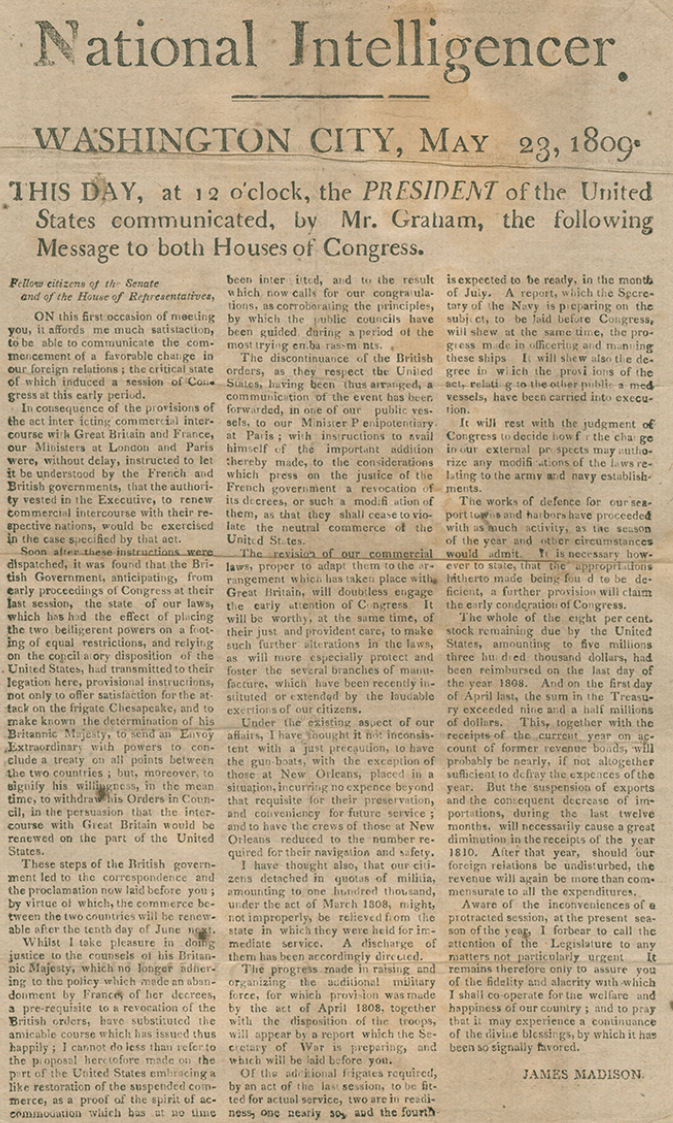 Madison's Message to Congress on renewed trade with Britain
