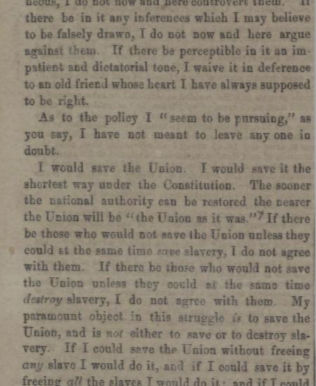 Lincoln's Letter to Greeley on Saving the Union and Freeing Slaves