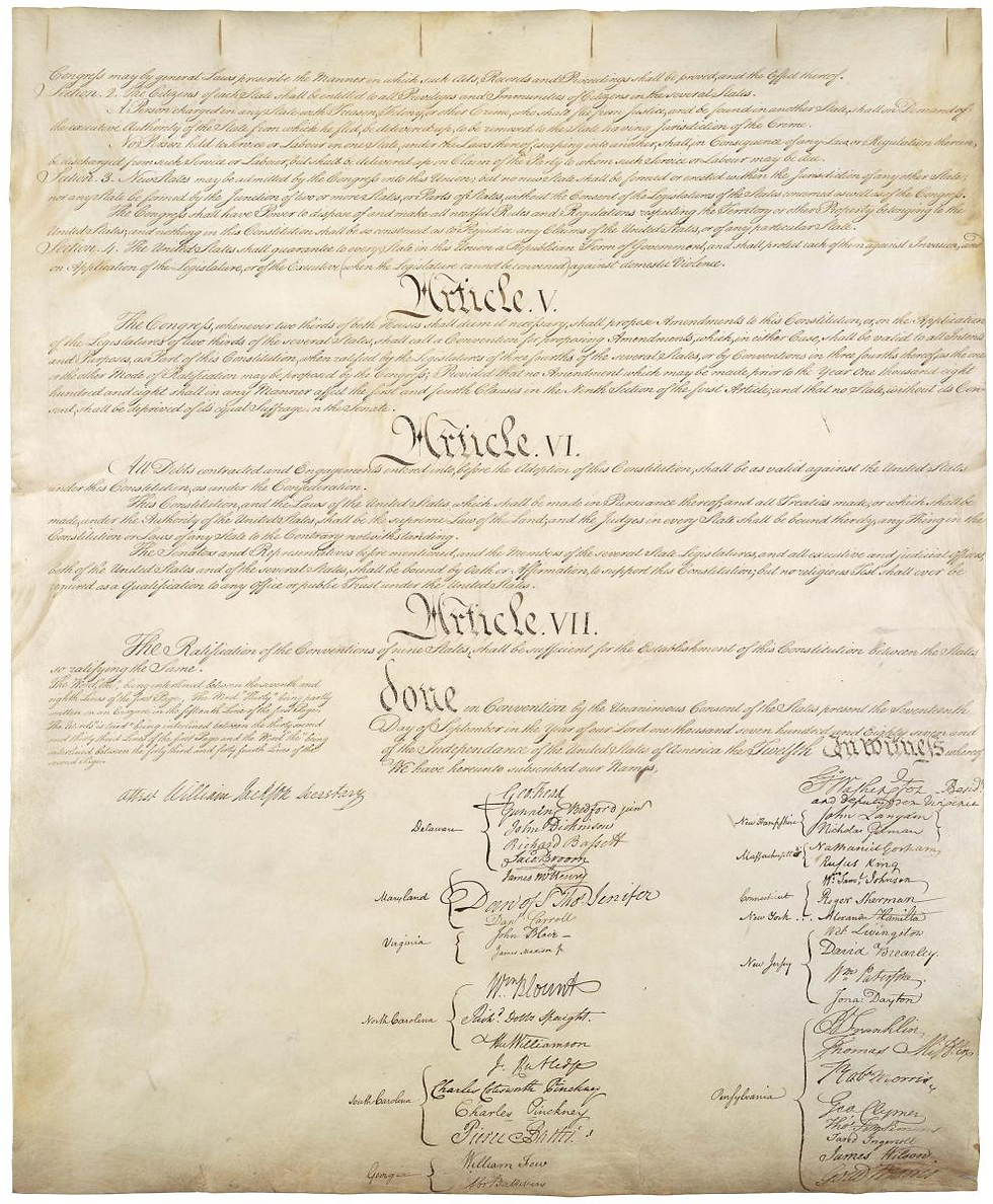Jacob Shallus' engrossed presentation of the US Constitution in four pages