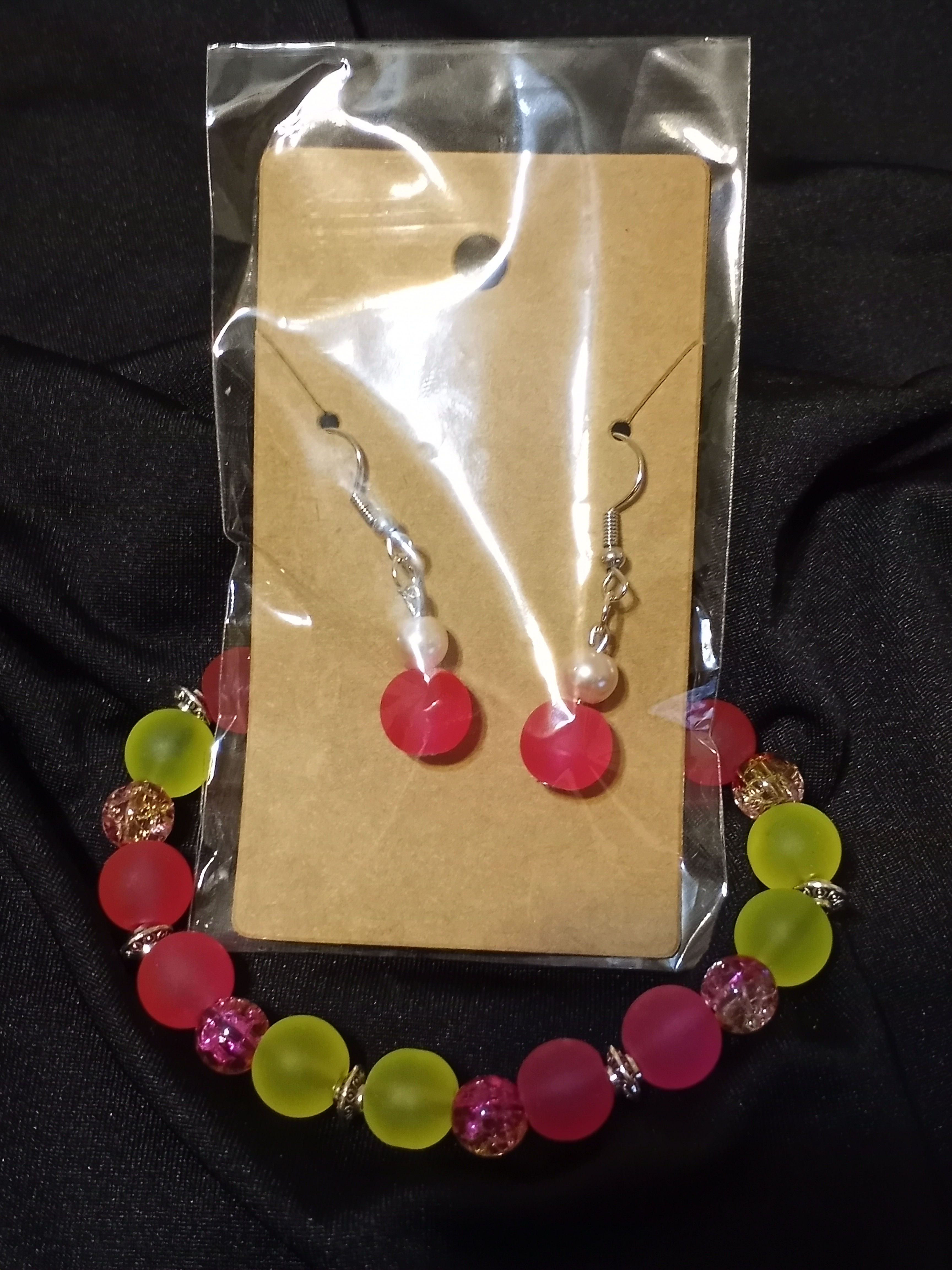 Pink and Yellow Beaded Earring and Bracelet Set