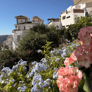 Vackra Nerja med blommor berg och hus