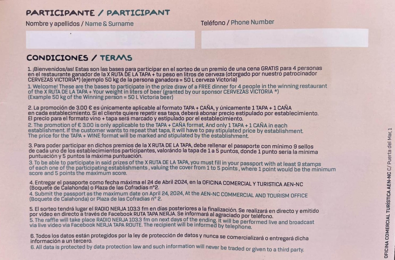Sid 4 i folder "tapaporte" i "Ruta de la Tapa Nerja 2024" - regler på spanska/engelska och ditt namn (om du ska tävla)