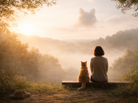 A quiet, contemplative scene of a person seated with a beloved pet, looking out over a misty landscape in gentle morning light, inviting reflection on hope, presence, and God’s care for all creation.
