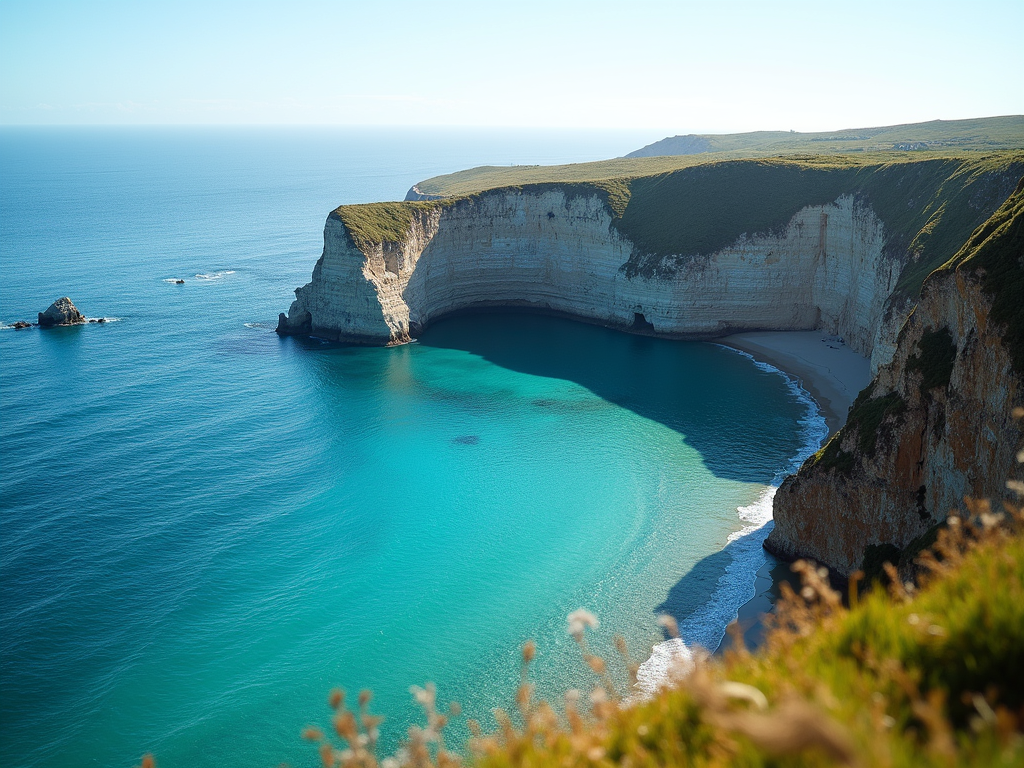 A serene and refreshing coastal landscape with crystal clear blue water.