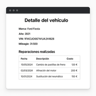 Detalle de vehículo en software de compraventa de coches con historial de reparaciones, fechas, descripción y costos