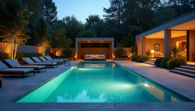 High angle view of a private outdoor pool area with integrated lighting and seating