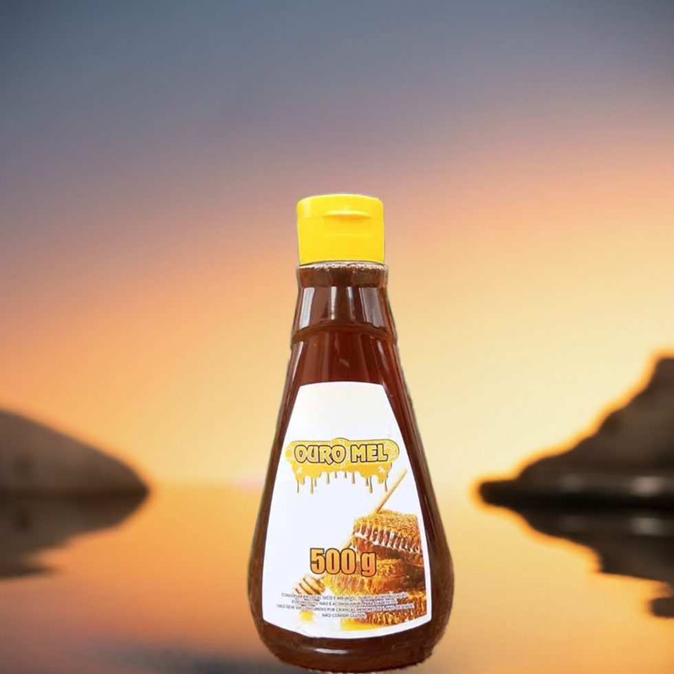 Mel de 500g em pote de vidro, em harmonia com a natureza ao fundo