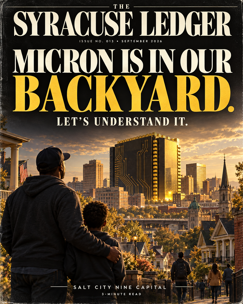 The Syracuse Ledger Issue 013 cover: a father and child overlook a neighborhood with a symbolic memory chip, connecting Syracuse to Micron and AI.