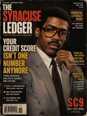 : Syracuse Ledger financial literacy cover explaining credit scores, FICO, VantageScore, Experian, Equifax and TransUnion