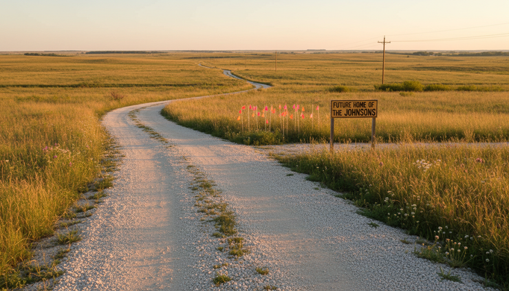 Eye-level view of a gravel driveway leading to a future rural home site in Nebraska