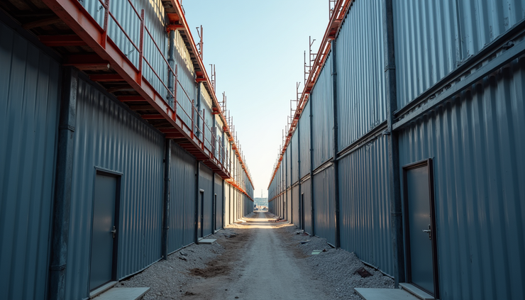 High angle view of a steel building under construction in Nebraska with metal panels and steel beams