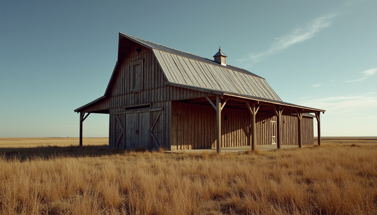 Eye-level view of a newly constructed post frame barn in a rural Nebraska setting