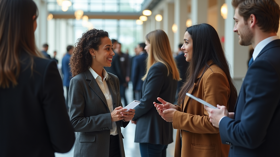 Eye-level view of a job fair with diverse individuals engaging in conversations