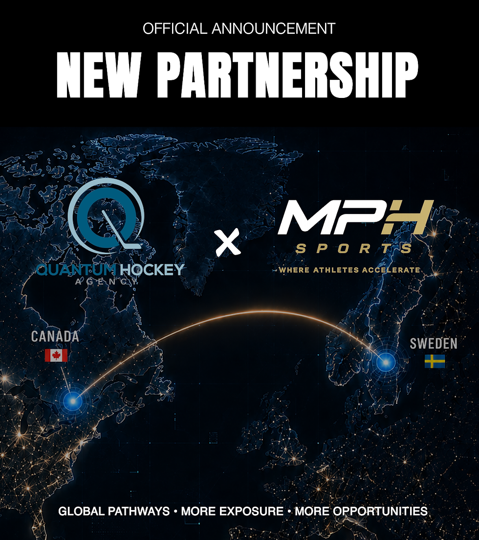 Official announcement graphic showing a new partnership between MPH Sports and Quantum Hockey Agency, connecting Sweden and Canada to create global hockey opportunities, player development, and international exposure.
