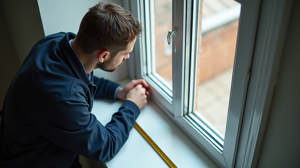 High angle view of a window technician measuring a window frame