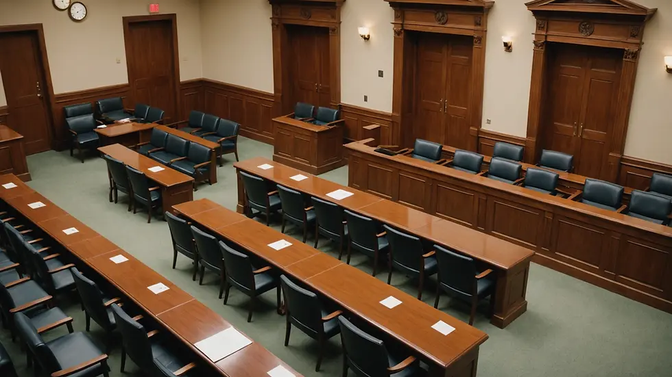 High angle view of a courtroom waiting area with benches