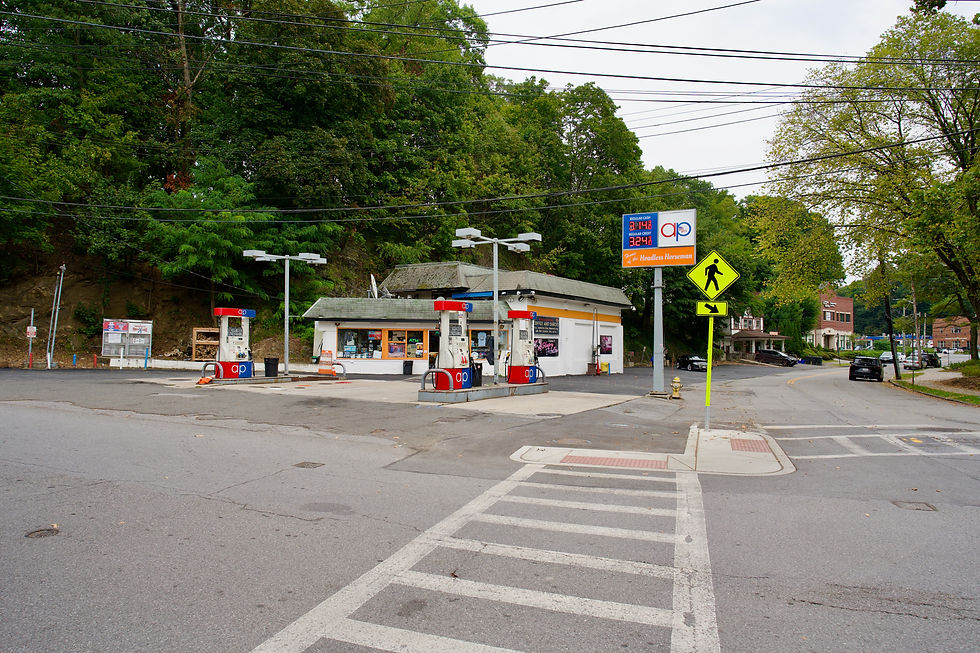 AP Gas Station front view with fuel pumps in Sleepy Hollow NY.