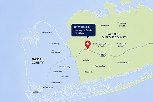 Long Island service area map highlighting Nassau County and western Suffolk County with Huntington Station headquarters