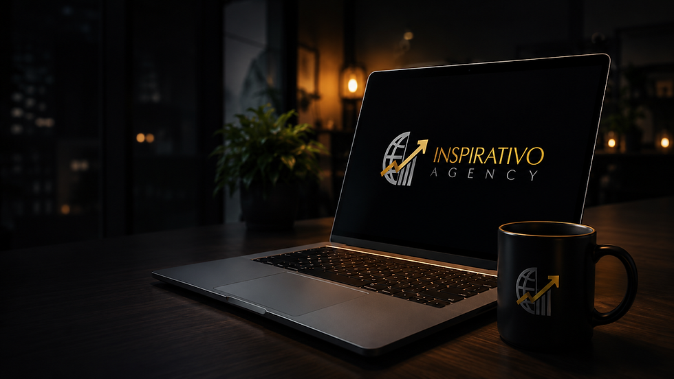 Inspirativo Agency laptop and branded coffee mug in a modern office, representing business growth through strategy, branding, and technology.