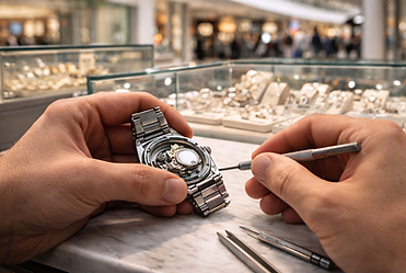 Close-up of watch battery replacement being performed with precision tools at jewelry kiosk in White Plains NY