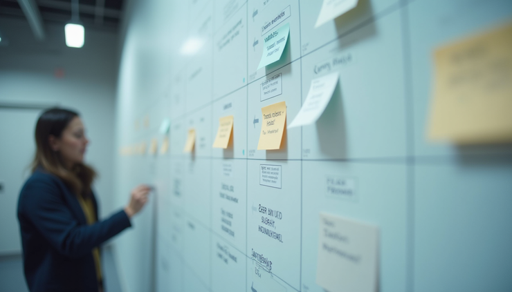 Vue rapprochée d’un tableau Kanban avec des tâches en cours et terminées